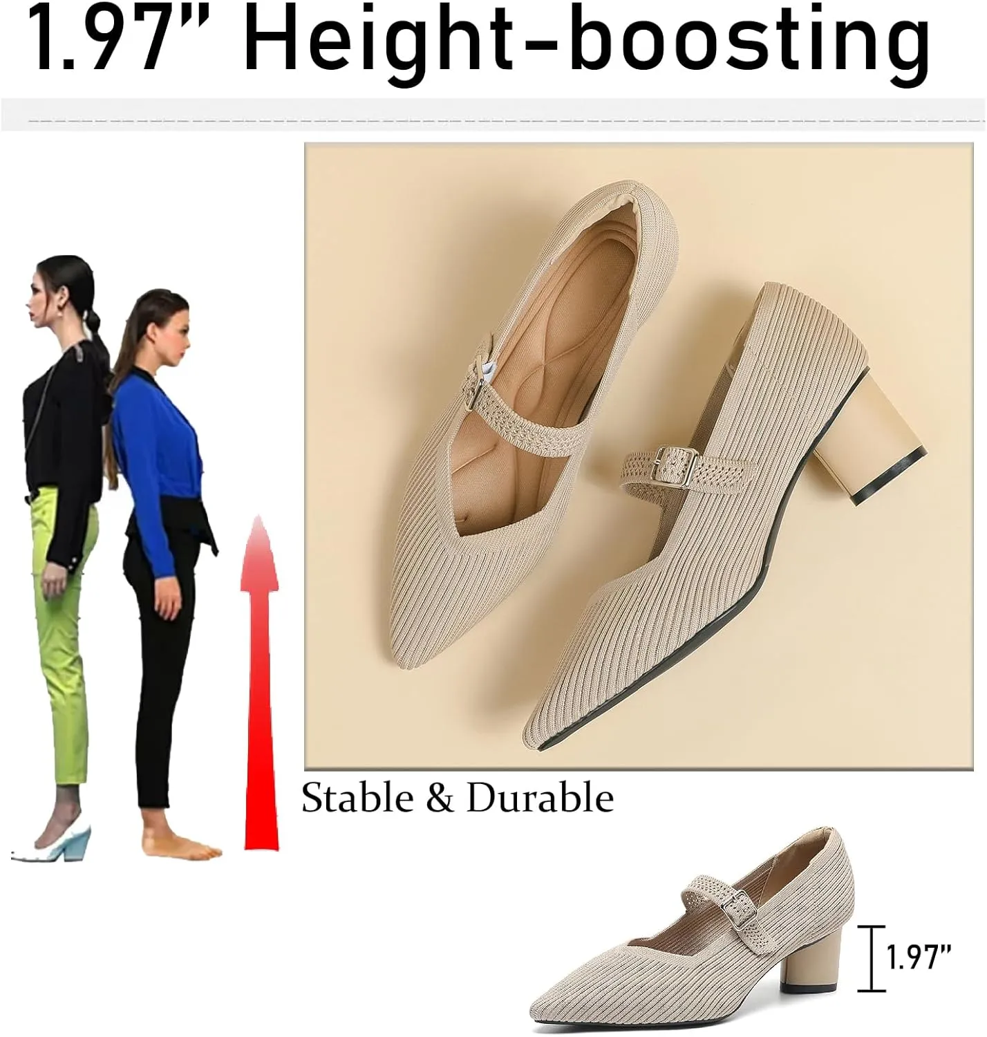 Women's Knit Chunky Heel Pumps with Adjust Buckle Strap Fashion Comfortable Pointed Toe Block Heels Mary Janes Pumps for Party Office Work Dress Shoes