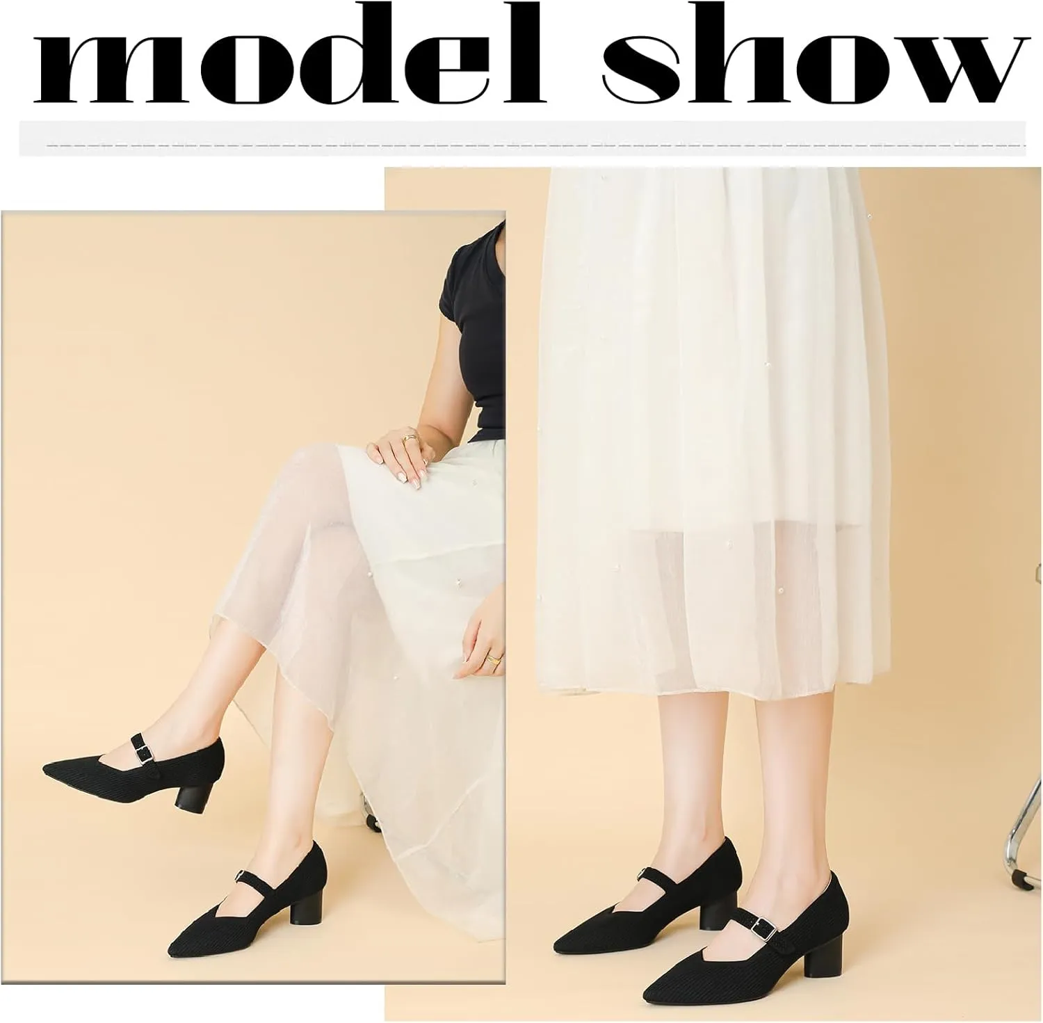 Women's Knit Chunky Heel Pumps with Adjust Buckle Strap Fashion Comfortable Pointed Toe Block Heels Mary Janes Pumps for Party Office Work Dress Shoes