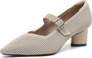 Women's Knit Chunky Heel Pumps with Adjust Buckle Strap Fashion Comfortable Pointed Toe Block Heels Mary Janes Pumps for Party Office Work Dress Shoes