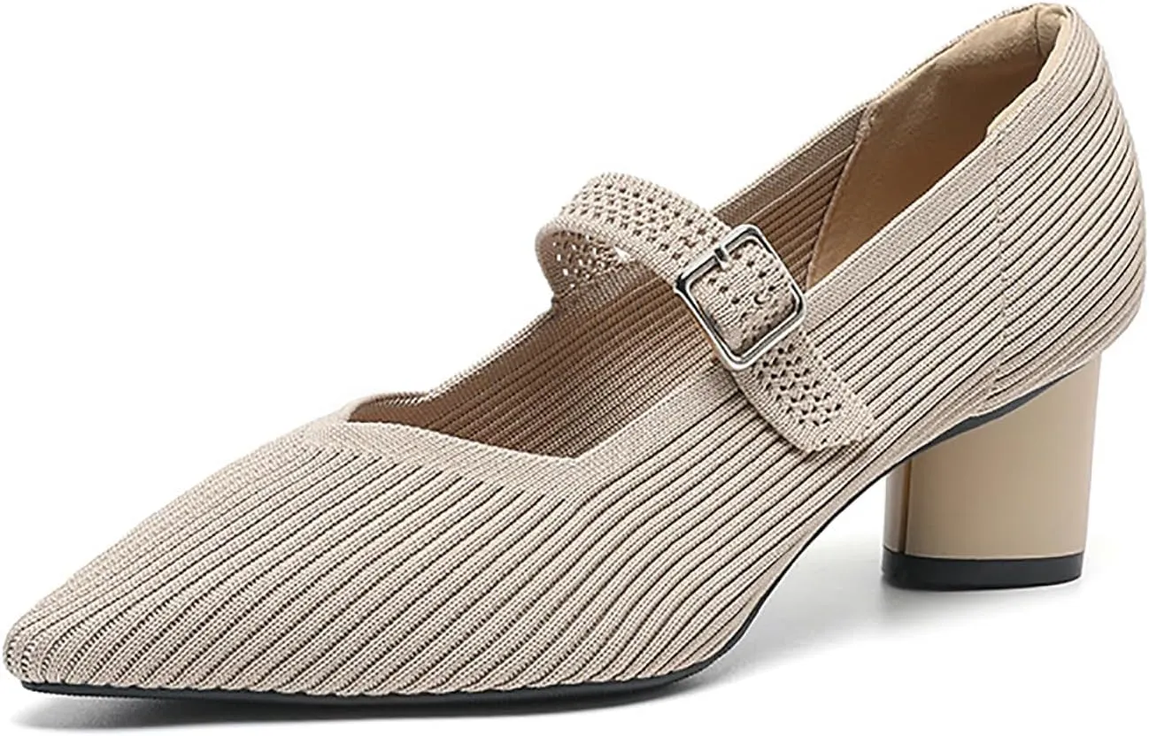 Women's Knit Mary Janes Chunky Heel Pumps with Adjust Buckle Strap Fashion Breathable Closed Pointed Toe Low Block Heels Dress Shoes for Party Office Work Shoes