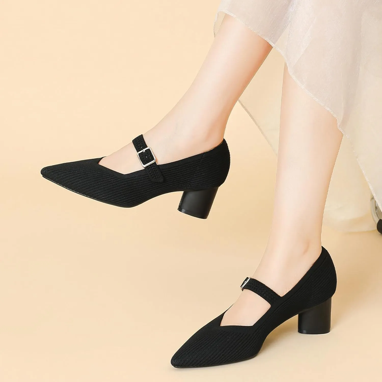 Women's Knit Mesh Chunky Heel Mary Jane Shoes Sexy Pointed Toe Ankle Strap Lightweight Breathable Dress Shoes for Wedding Party Office