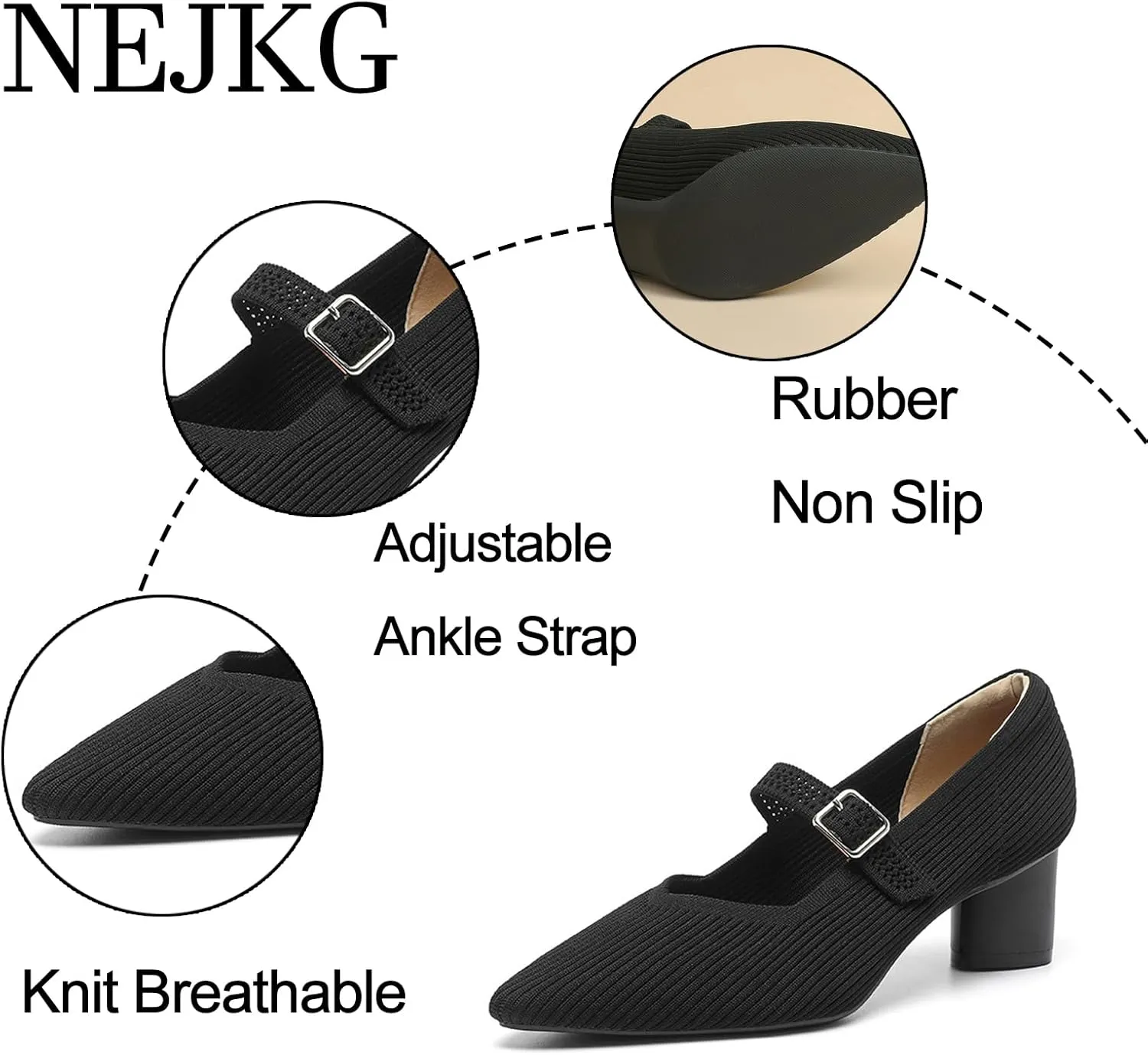 Women's Knit Mesh Chunky Heel Mary Jane Shoes Sexy Pointed Toe Ankle Strap Lightweight Breathable Dress Shoes for Wedding Party Office