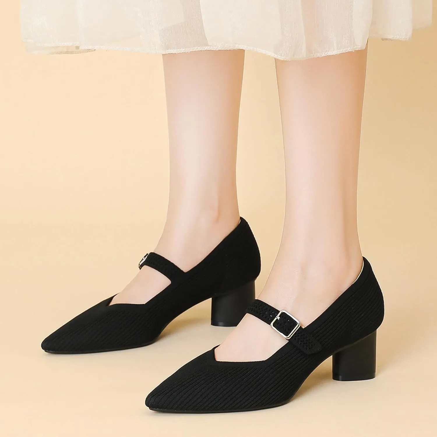 Women's Knit Mesh Chunky Heel Mary Jane Shoes Sexy Pointed Toe Ankle Strap Lightweight Breathable Dress Shoes for Wedding Party Office