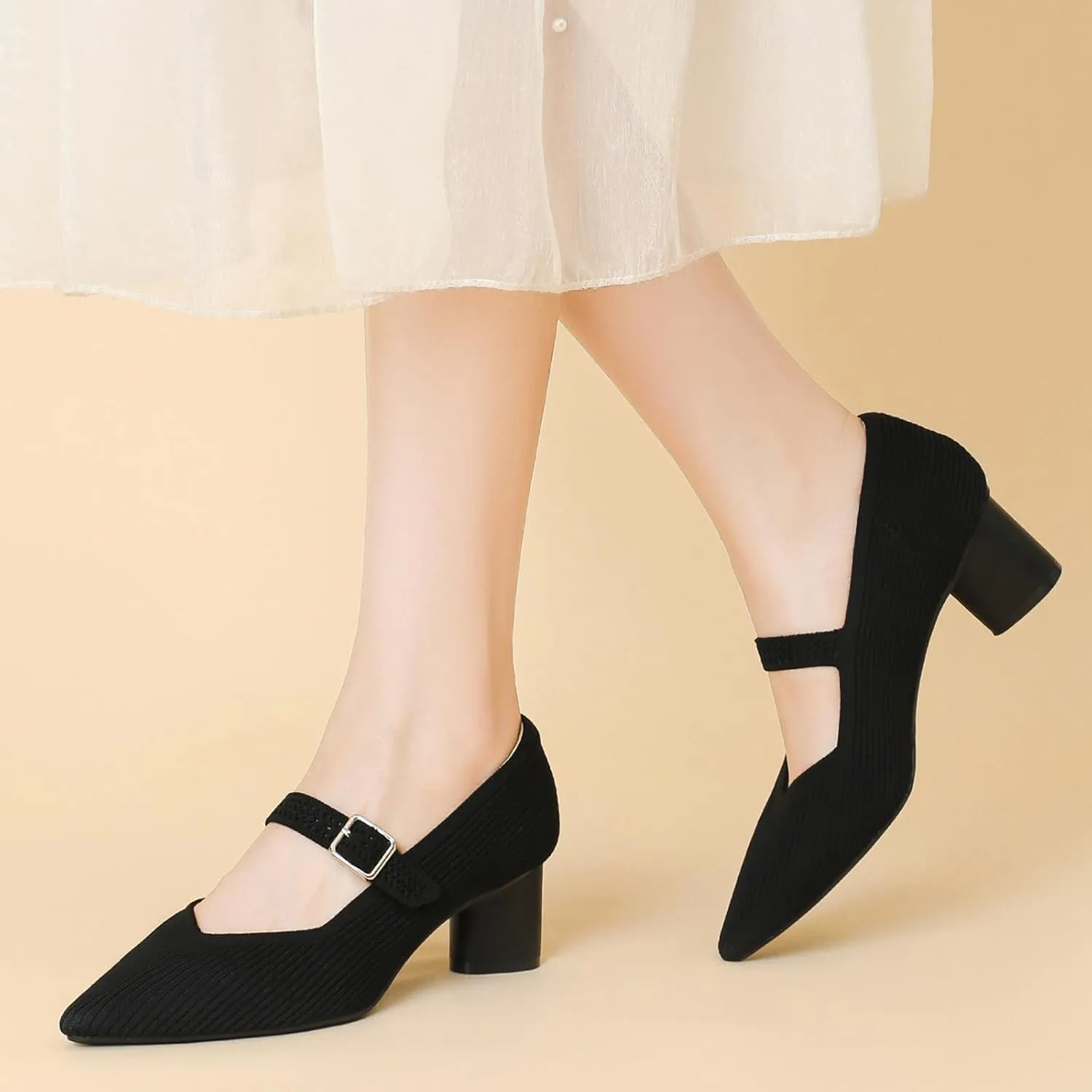 Women's Knit Mesh Chunky Heel Mary Jane Shoes Sexy Pointed Toe Ankle Strap Lightweight Breathable Dress Shoes for Wedding Party Office
