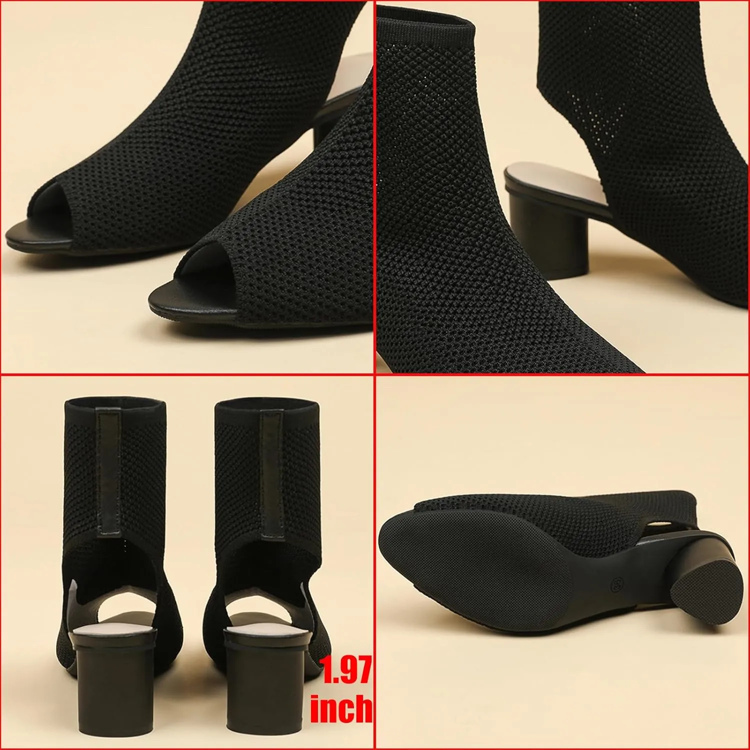 Women's Knit Peep Toe Slingback Chunky Heeled Sandals Fashion Open Pointed Toe Cut Out Slip On Backless Ankle Boots Summer Comfortable Breathable Casual Sock Booties