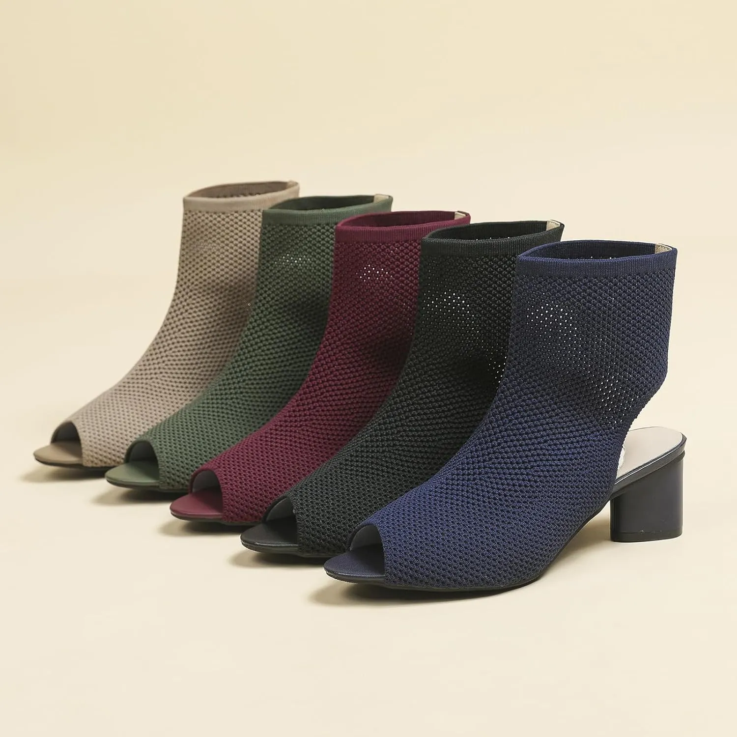 Women's Knit Peep Toe Slingback Chunky Heeled Sandals Fashion Open Pointed Toe Cut Out Slip On Backless Ankle Boots Summer Comfortable Breathable Casual Sock Booties