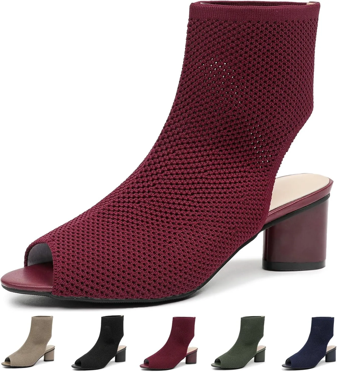 Women's Knit Peep Toe Slingback Chunky Heeled Sandals Fashion Open Pointed Toe Cut Out Slip On Backless Ankle Boots Summer Comfortable Breathable Casual Sock Booties