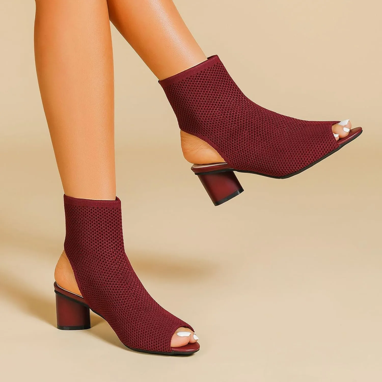Women's Knit Peep Toe Slingback Chunky Heeled Sandals Fashion Open Pointed Toe Cut Out Slip On Backless Ankle Boots Summer Comfortable Breathable Casual Sock Booties