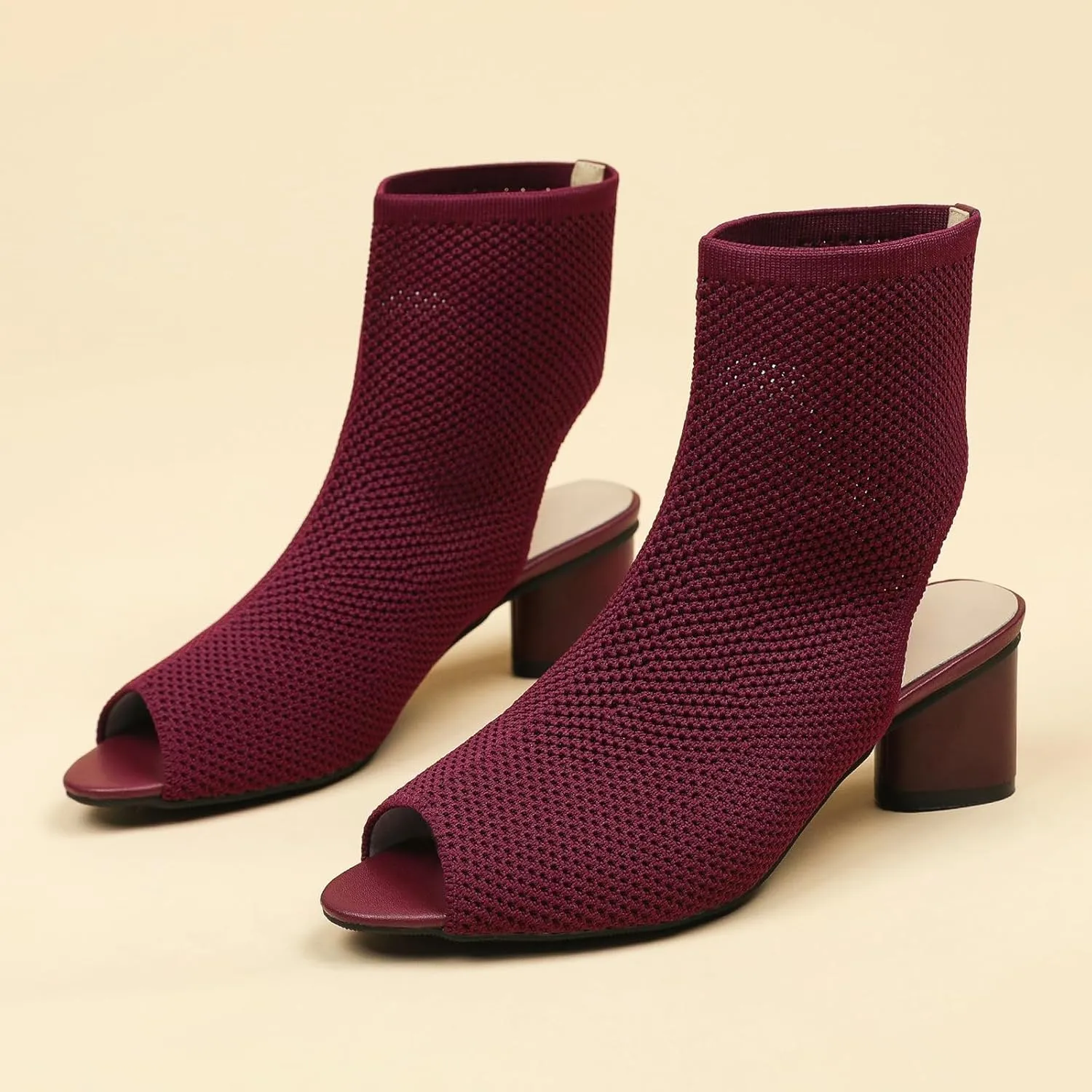 Women's Knit Peep Toe Slingback Chunky Heeled Sandals Fashion Open Pointed Toe Cut Out Slip On Backless Ankle Boots Summer Comfortable Breathable Casual Sock Booties