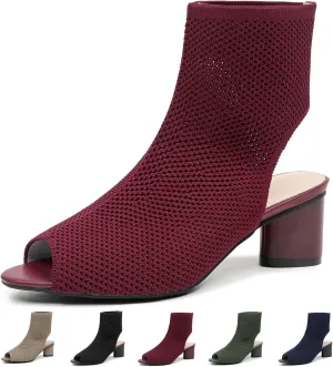 Women's Knit Peep Toe Slingback Chunky Heeled Sandals Fashion Open Pointed Toe Cut Out Slip On Backless Ankle Boots Summer Comfortable Breathable Casual Sock Booties
