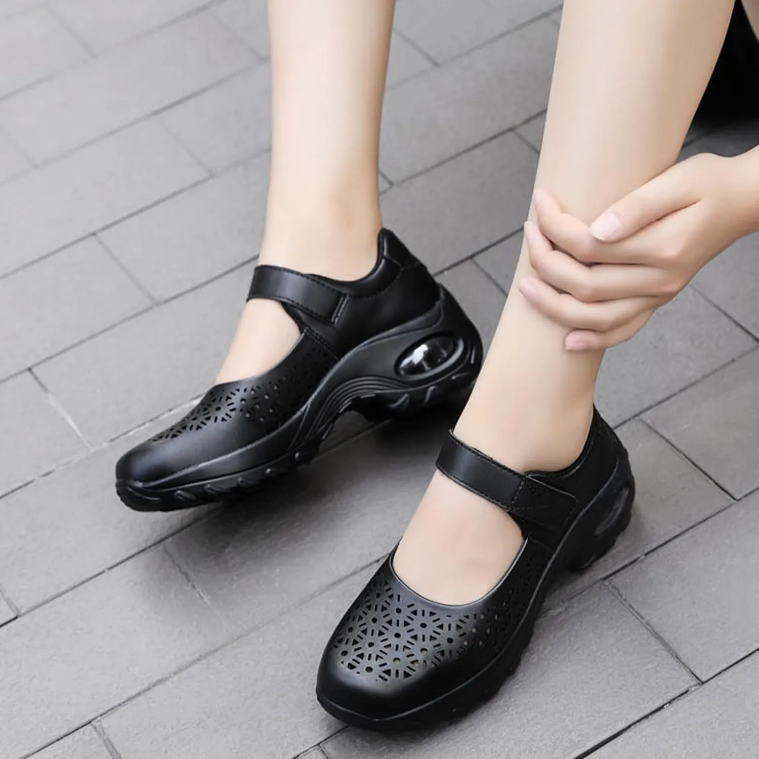 Women's Leather Hollow Platform Wedge Mary Jane Shoes Comfort Orthopedic Arch Support Stretch Air Cushion Casual Walking Shoes with Adjustable Hook Loop