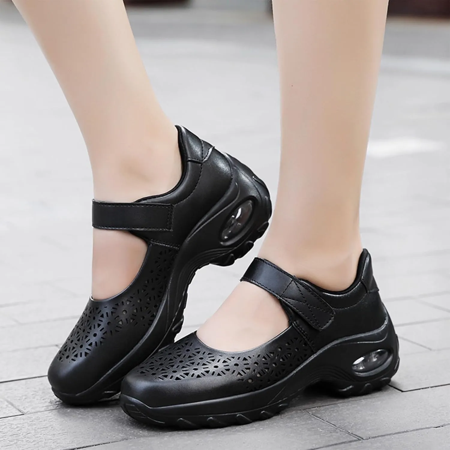 Women's Leather Hollow Platform Wedge Mary Jane Shoes Comfort Orthopedic Arch Support Stretch Air Cushion Casual Walking Shoes with Adjustable Hook Loop