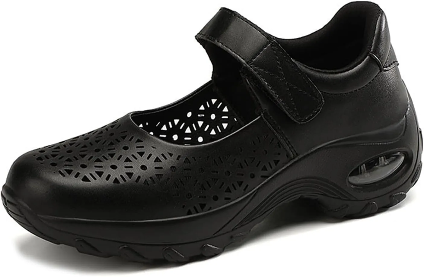Women's Leather Hollow Platform Wedge Mary Jane Shoes Comfort Orthopedic Arch Support Stretch Air Cushion Casual Walking Shoes with Adjustable Hook Loop