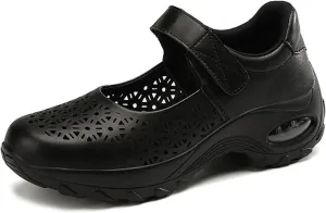 Women's Leather Hollow Platform Wedge Mary Jane Shoes Comfort Orthopedic Arch Support Stretch Air Cushion Casual Walking Shoes with Adjustable Hook Loop