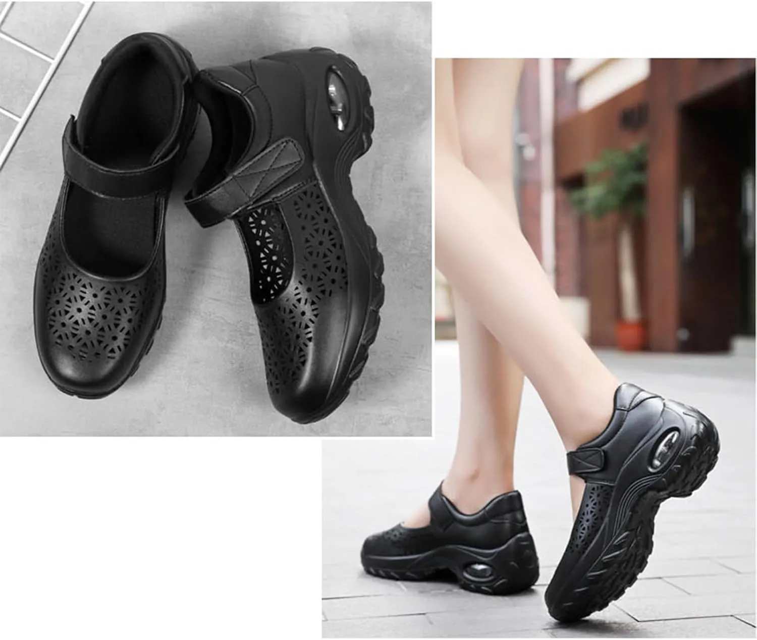 Women's Leather Hollow Platform Wedge Mary Jane Shoes Comfort Orthopedic Arch Support Stretch Air Cushion Casual Walking Shoes with Adjustable Hook Loop