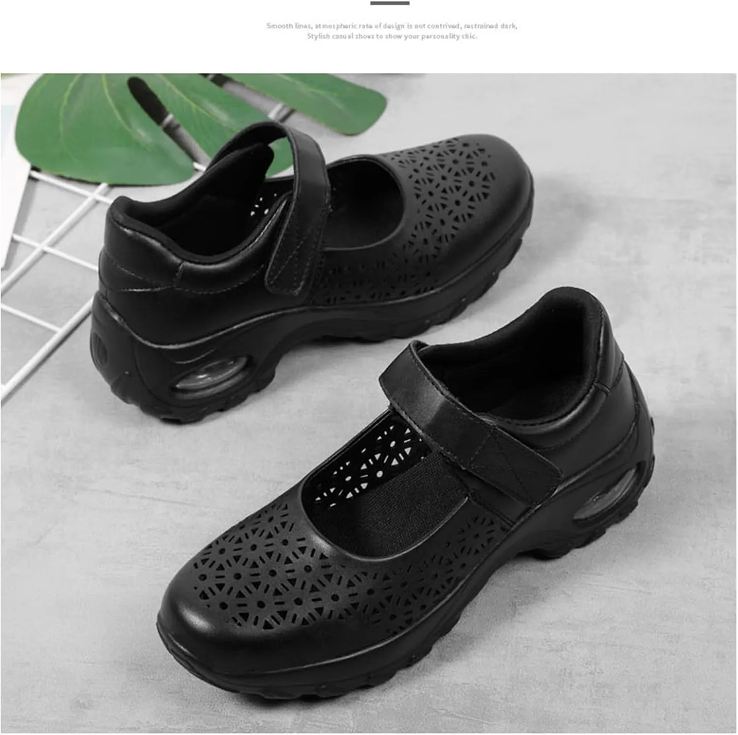 Women's Leather Hollow Platform Wedge Mary Jane Shoes Comfort Orthopedic Arch Support Stretch Air Cushion Casual Walking Shoes with Adjustable Hook Loop