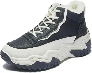 Women's Leather Platform High Top Casual Sneakers,Lace-Up Fleece Warm Comfortable Round Toe Ankle Fashion Sneakers