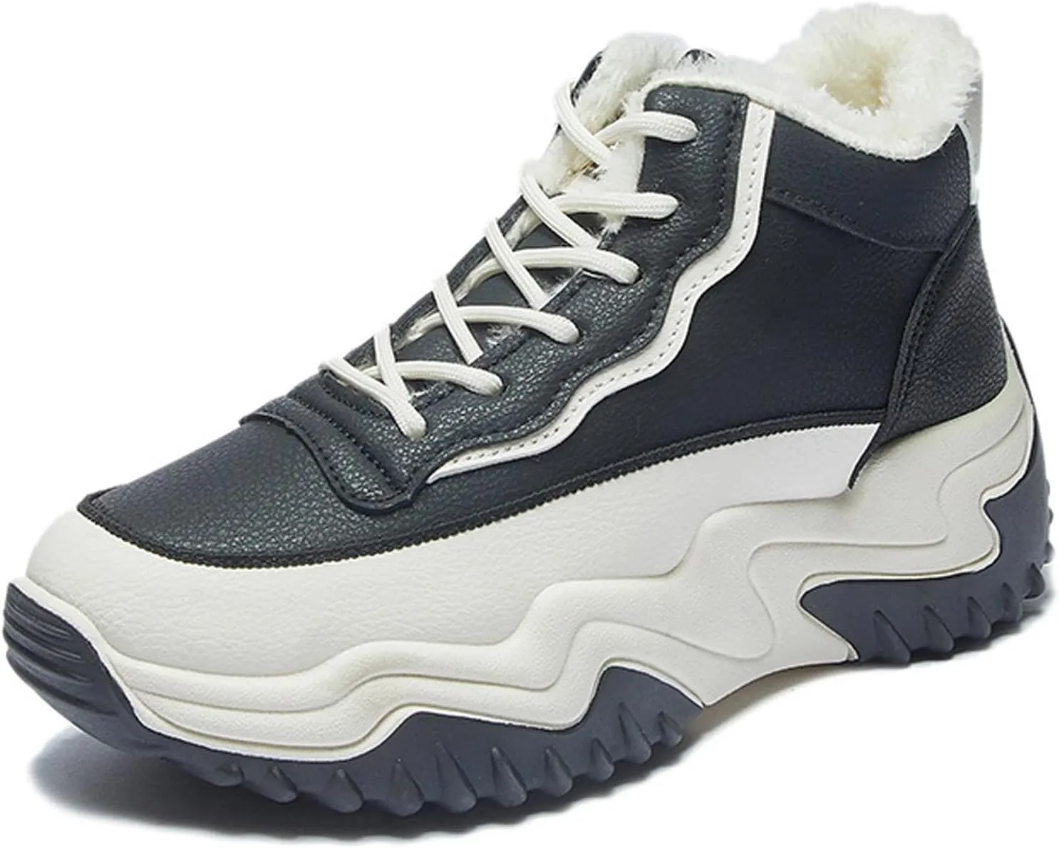 Women's Leather Platform High Top Casual Sneakers,Lace-Up Fleece Warm Comfortable Round Toe Ankle Fashion Sneakers