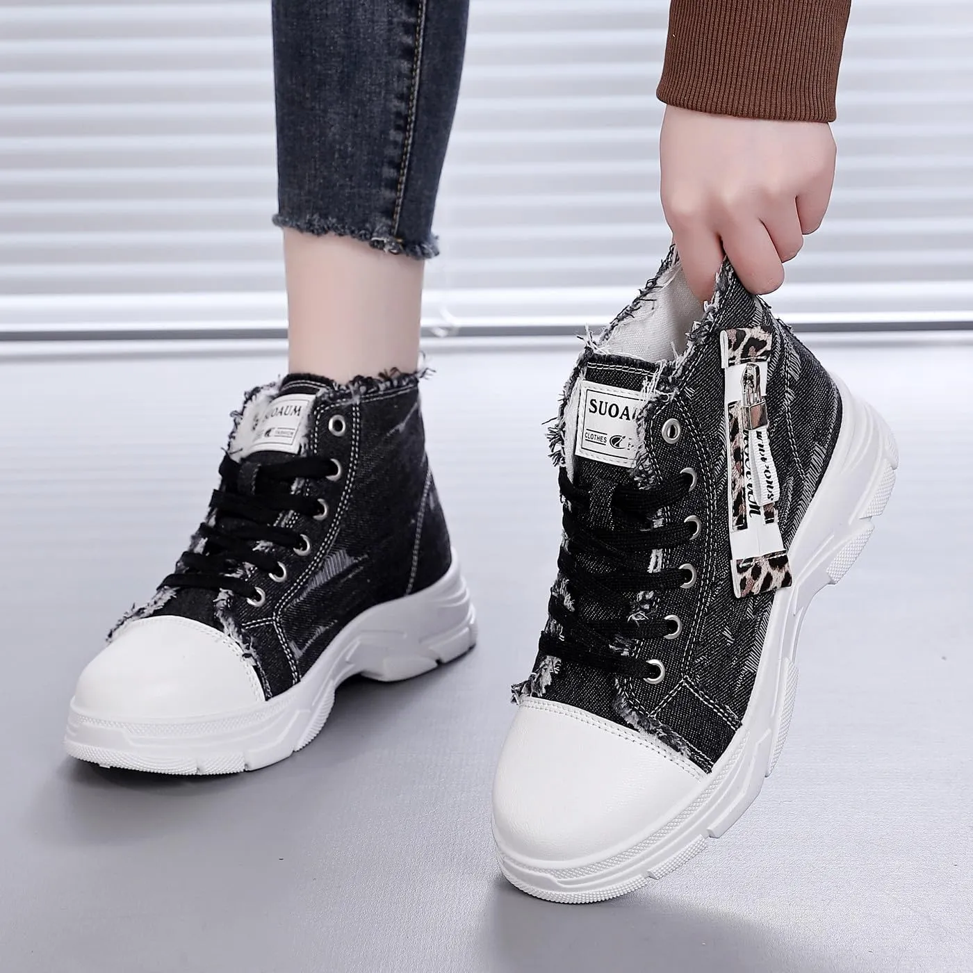 Women's Lightweight Platform High Top Canvas Sneakers Breathable Running Walking Shoes