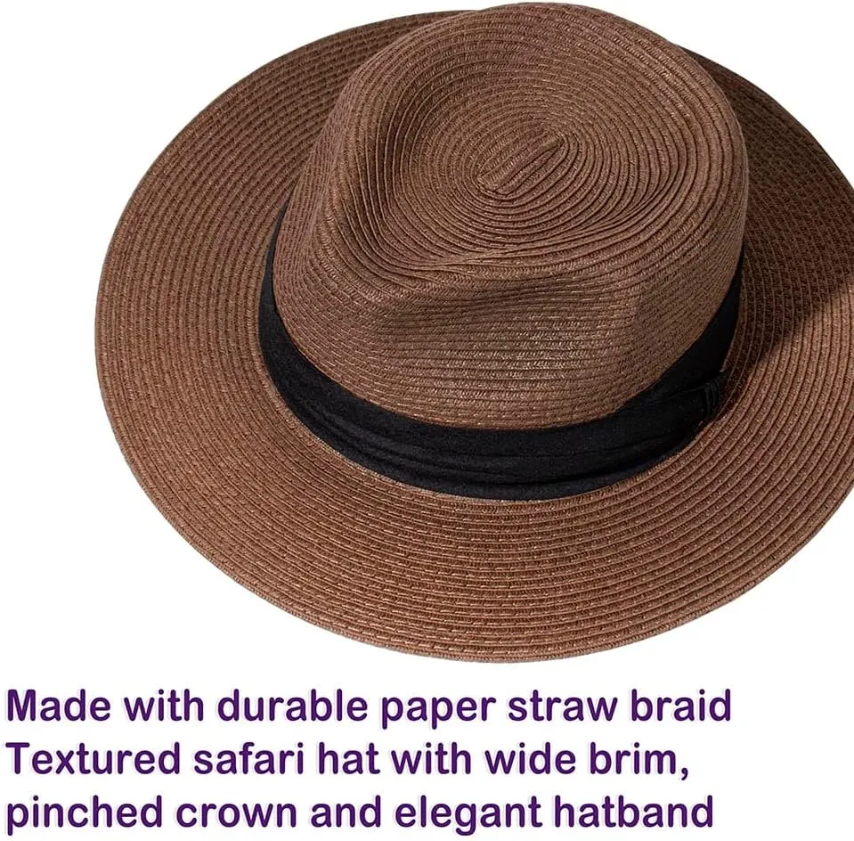 Womens Mens Wide Brim Straw Panama Hat Fedora Summer Beach Sun Hat Straw Hat Teardrop Crown with Ribbon Band