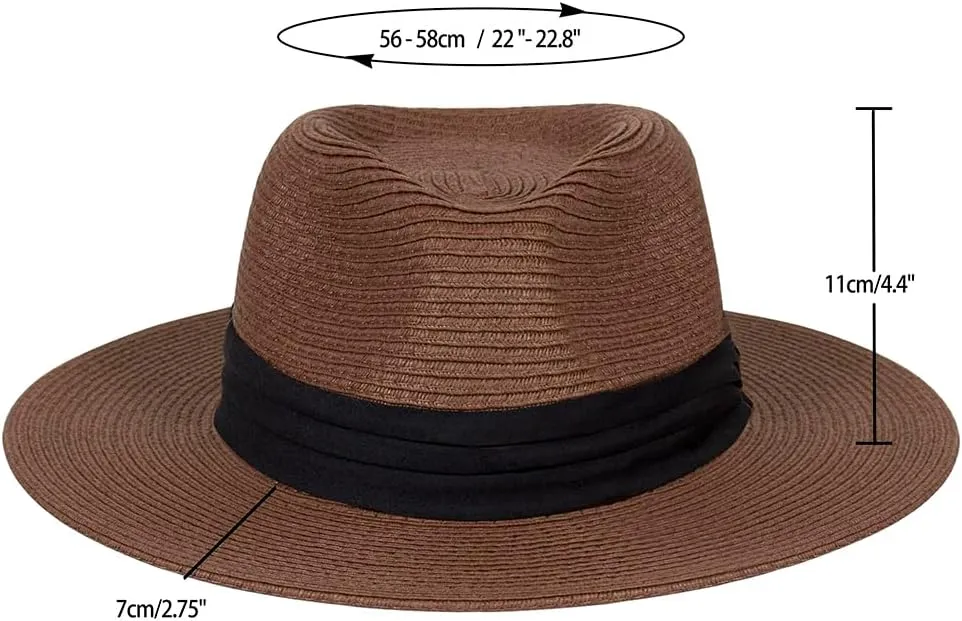 Womens Mens Wide Brim Straw Panama Hat Fedora Summer Beach Sun Hat Straw Hat Teardrop Crown with Ribbon Band
