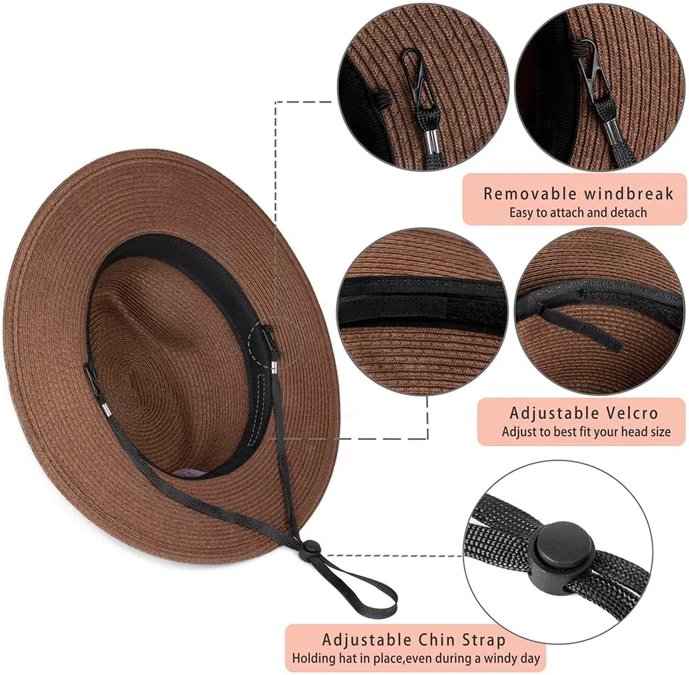 Womens Mens Wide Brim Straw Panama Hat Fedora Summer Beach Sun Hat Straw Hat Teardrop Crown with Ribbon Band