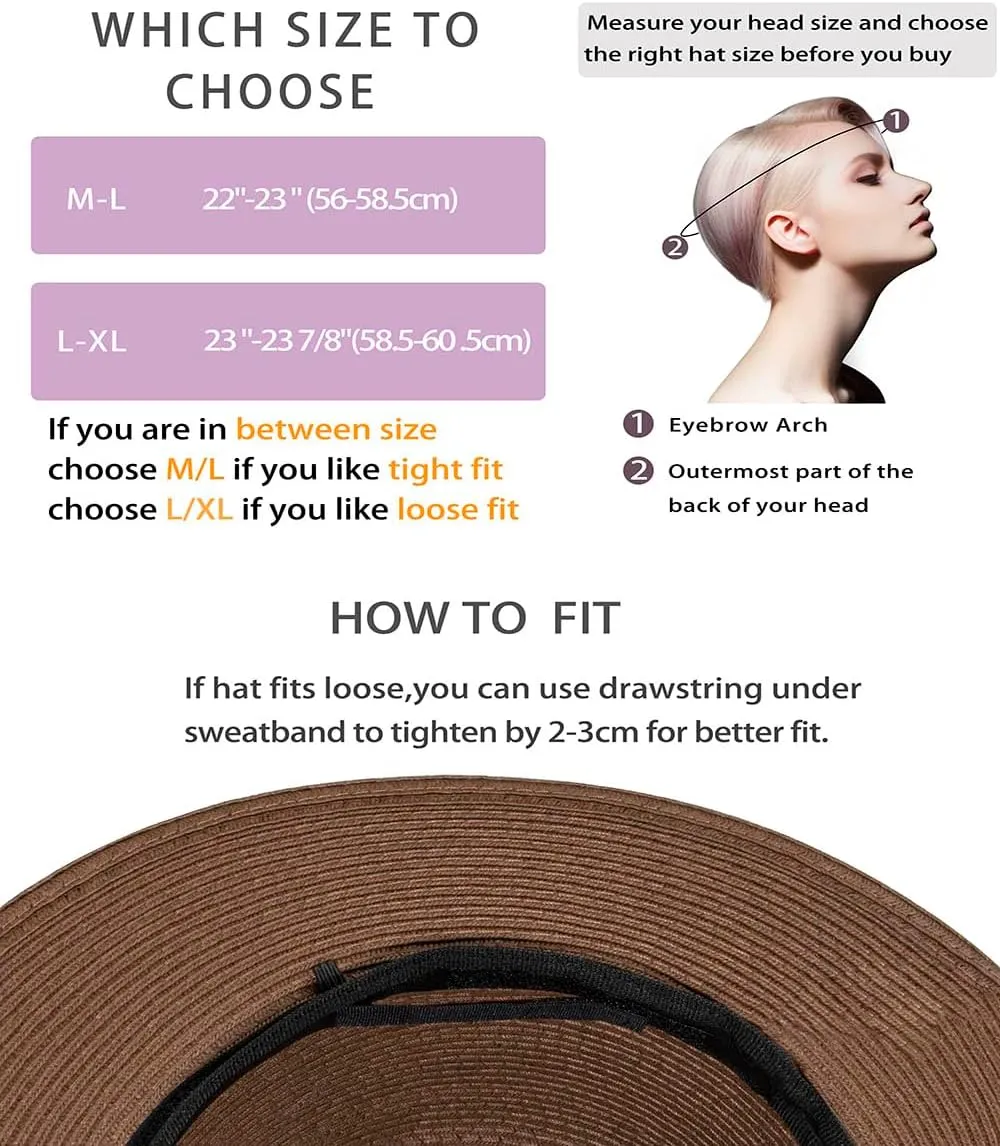 Womens Mens Wide Brim Straw Panama Hat Fedora Summer Beach Sun Hat Straw Hat Teardrop Crown with Ribbon Band