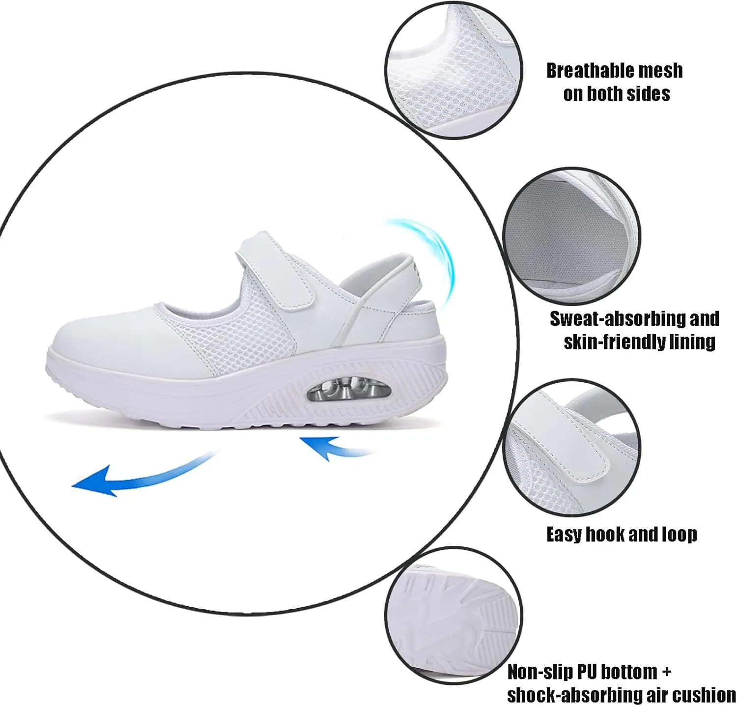 Women's Mesh Air Cushion Mary Jane Shoes Classic Round Toe Adjustable Hook and Loop Non-Slip Nurse Walking Shoes Summer Lightweight Breathable Sneakers