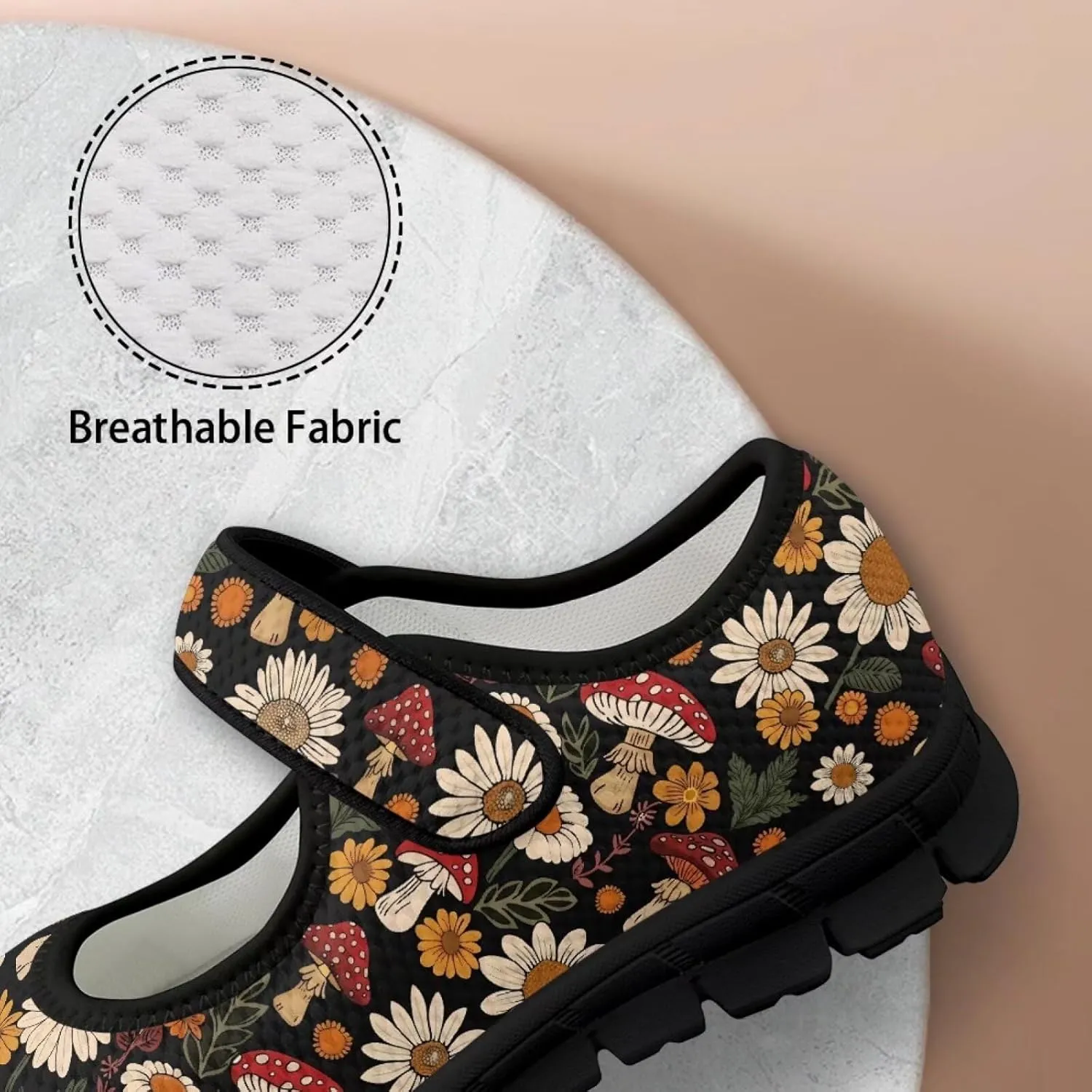 Womens Mushroom Print Mary Jane Flats Breathable Casual Shoes Lightweight Non Slip Fashion Walking Sneakers