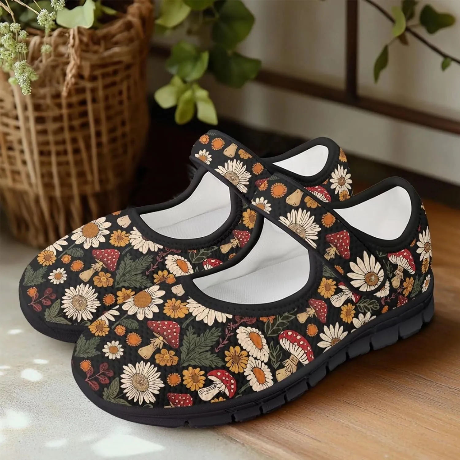 Womens Mushroom Print Mary Jane Flats Breathable Casual Shoes Lightweight Non Slip Fashion Walking Sneakers