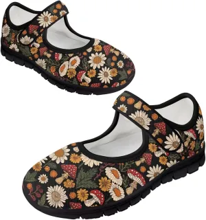 Womens Mushroom Print Mary Jane Flats Breathable Casual Shoes Lightweight Non Slip Fashion Walking Sneakers