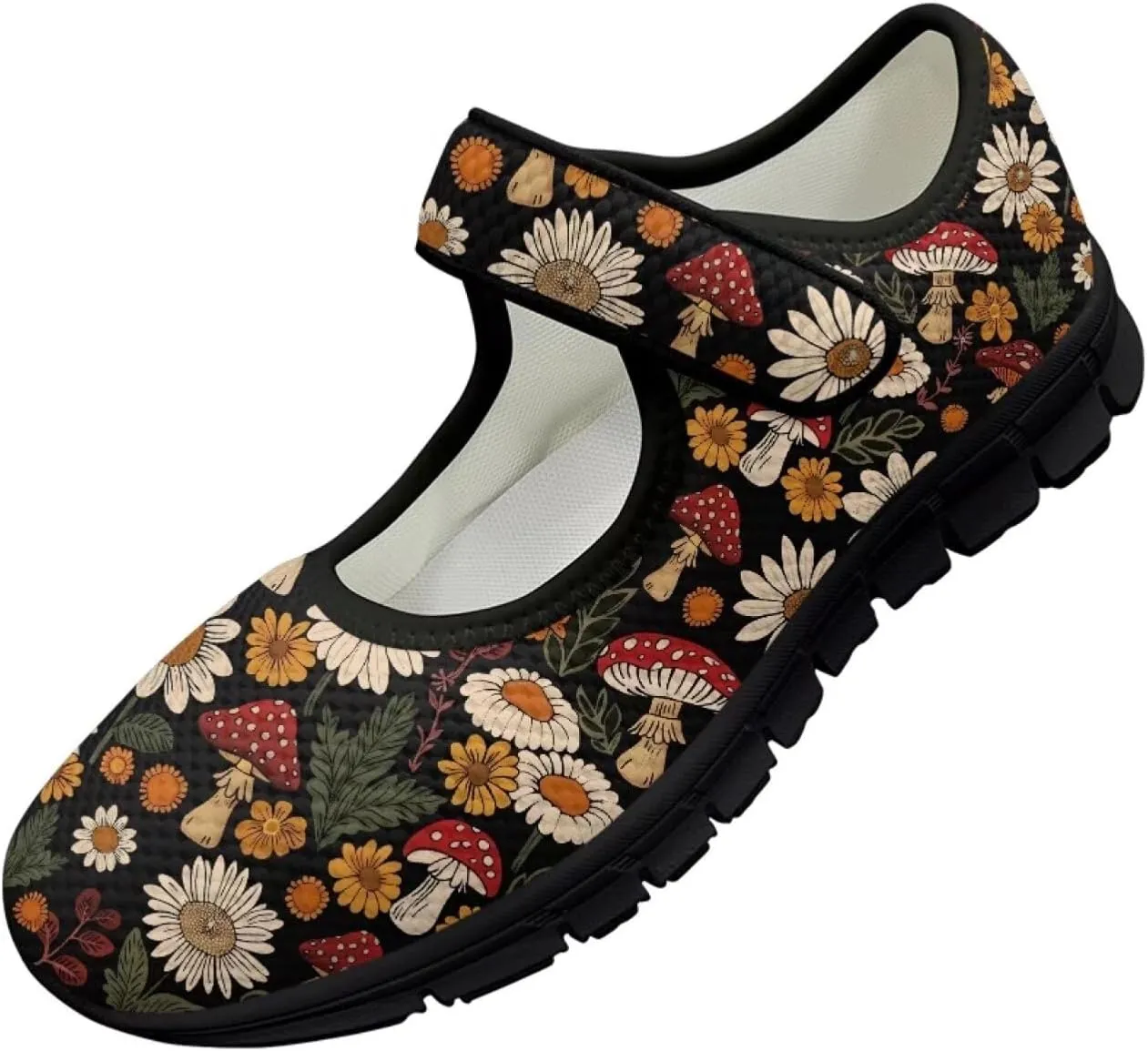 Womens Mushroom Print Mary Jane Flats Breathable Casual Shoes Lightweight Non Slip Fashion Walking Sneakers
