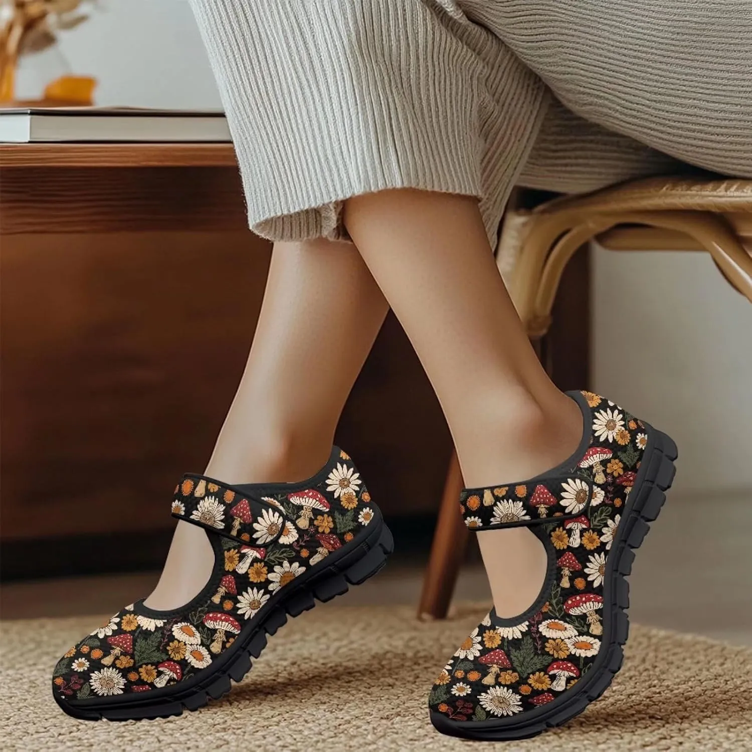 Womens Mushroom Print Mary Jane Flats Breathable Casual Shoes Lightweight Non Slip Fashion Walking Sneakers