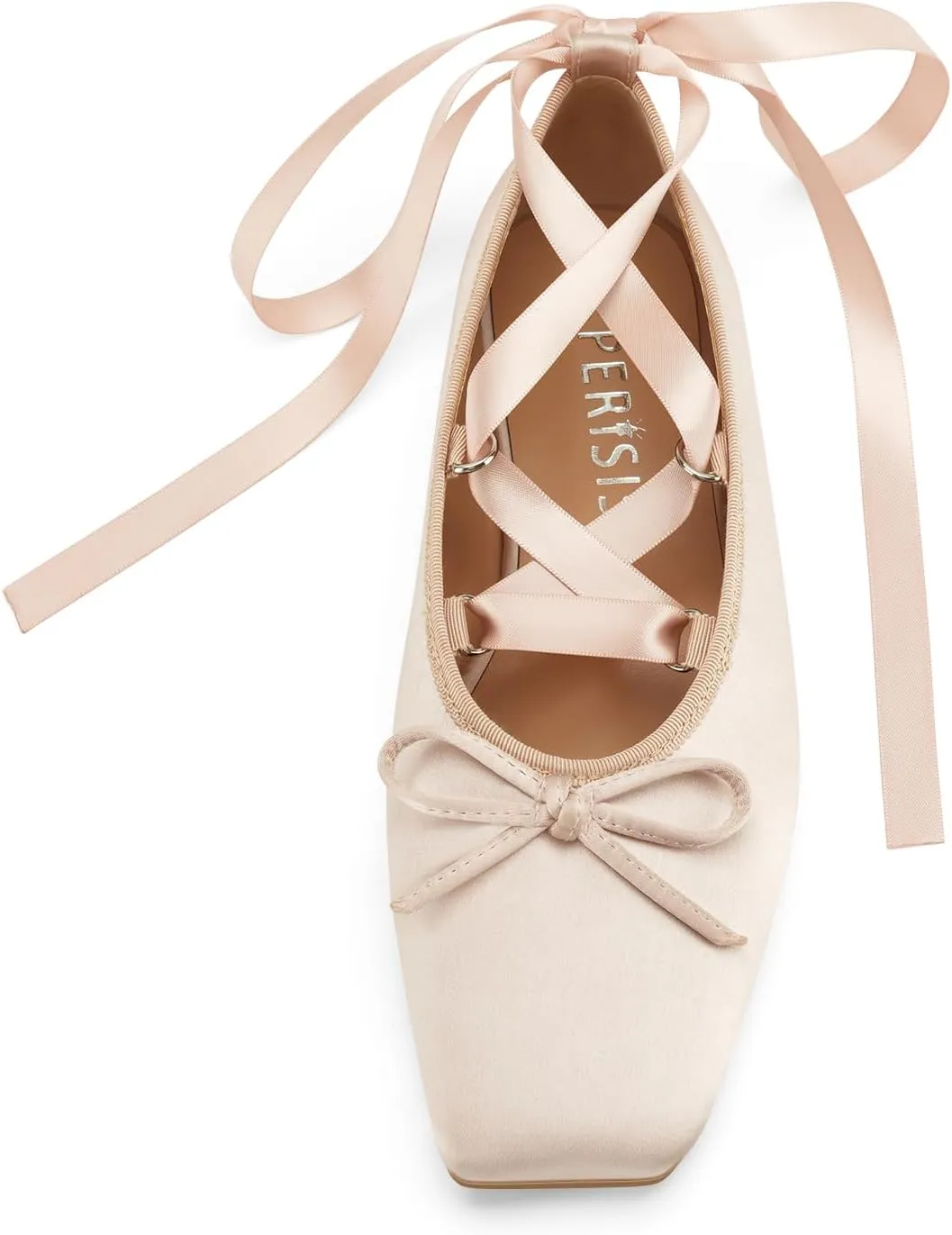 Women's Satin Ballet Flats Light Pink Closed Square Toe Bow Ballerina Slippers Comfy Lace Up Flat Shoes Strappy Mary Janes Cute Elegant Pumps for Ladies Dressy