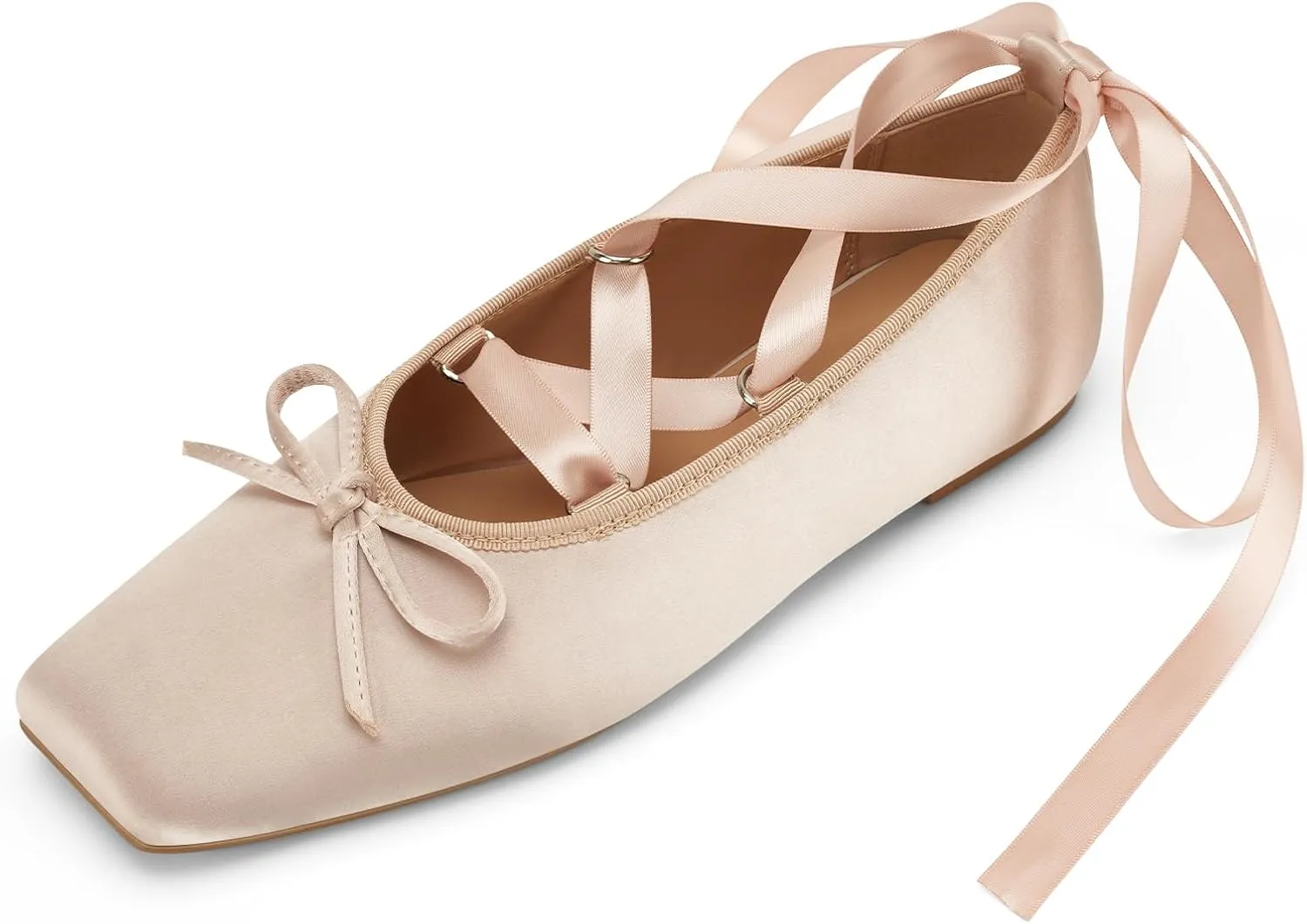 Women's Satin Ballet Flats Light Pink Closed Square Toe Bow Ballerina Slippers Comfy Lace Up Flat Shoes Strappy Mary Janes Cute Elegant Pumps for Ladies Dressy