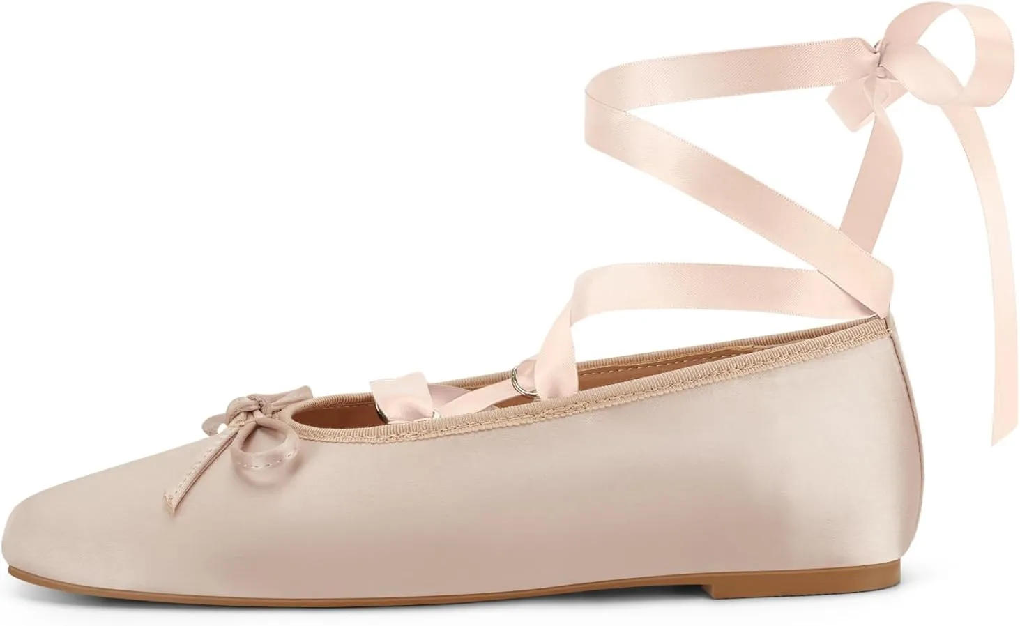 Women's Satin Ballet Flats Light Pink Closed Square Toe Bow Ballerina Slippers Comfy Lace Up Flat Shoes Strappy Mary Janes Cute Elegant Pumps for Ladies Dressy