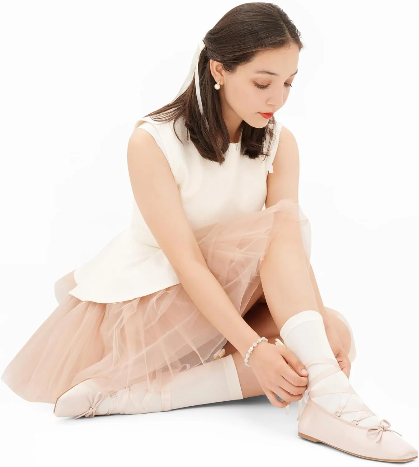 Women's Satin Ballet Flats Light Pink Closed Square Toe Bow Ballerina Slippers Comfy Lace Up Flat Shoes Strappy Mary Janes Cute Elegant Pumps for Ladies Dressy