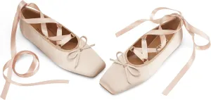 Women's Satin Ballet Flats Light Pink Closed Square Toe Bow Ballerina Slippers Comfy Lace Up Flat Shoes Strappy Mary Janes Cute Elegant Pumps for Ladies Dressy