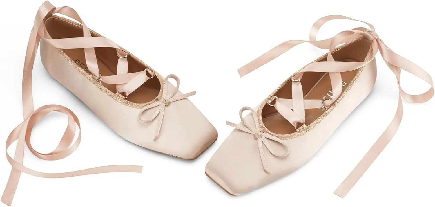 Women's Satin Ballet Flats Light Pink Closed Square Toe Bow Ballerina Slippers Comfy Lace Up Flat Shoes Strappy Mary Janes Cute Elegant Pumps for Ladies Dressy