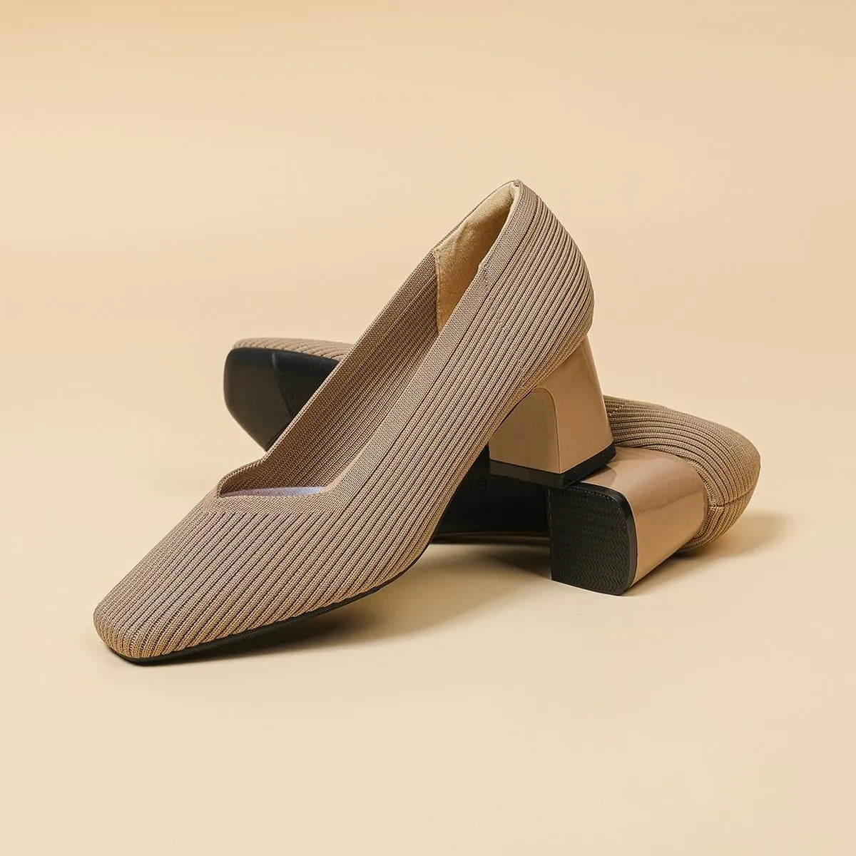 Women's Square Toe Pumps Knit Dress Shoes Comfortable Low Wedge Mesh Shoes for Women Slip On Pumps with Chunky Heel Shoes Classic Soft Mary Jane Shoes
