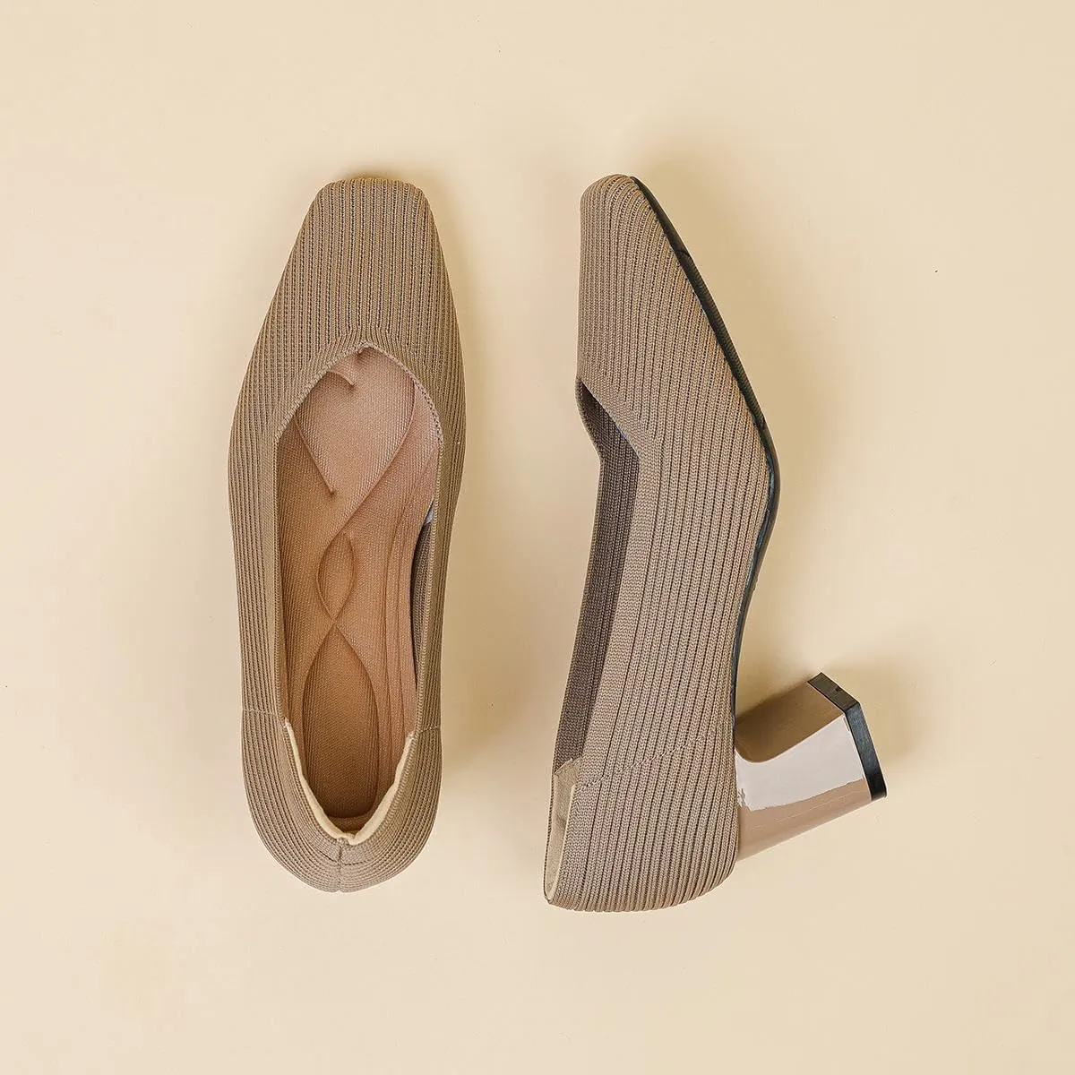Women's Square Toe Pumps Knit Dress Shoes Comfortable Low Wedge Mesh Shoes for Women Slip On Pumps with Chunky Heel Shoes Classic Soft Mary Jane Shoes