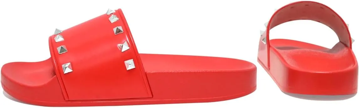 Women's Studded Flat Slippers Slip On Summer Indoor and Outdoor Slide Sandals Beach Rain Shoes