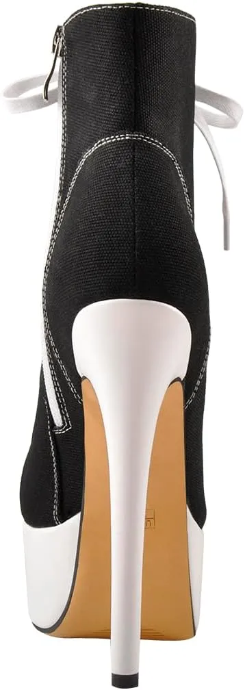 Women's Tie Up Platform High Heels Zip Up Ankle Boots Canvas Fashion Sneakers