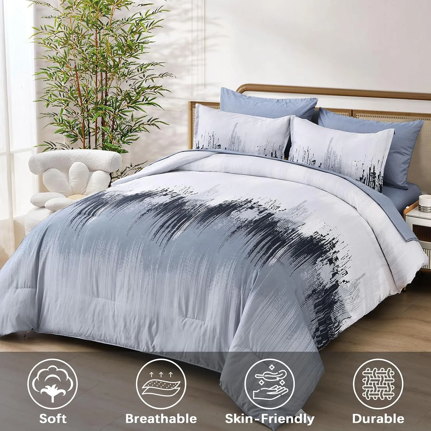WONGS BEDDING Comforter Set King, Blue 7 Pieces Bed in a Bag Abstract Art Gradient Comforter Dusty Blue Soft Microfiber Bedding with Comforter, Flat Sheet, Fitted Sheet, Pillow Shams,Pillowcases