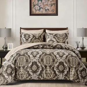 WONGS BEDDING Light Brown Comforter Set King, Damask Texture Design 7 Pieces Bed in a Bag Microfiber Comforter Bedding Set -1 Comforter, 1 Flat Sheet, 1 Fitted Sheet, 2 Pillow Shams,2 Pillowcases