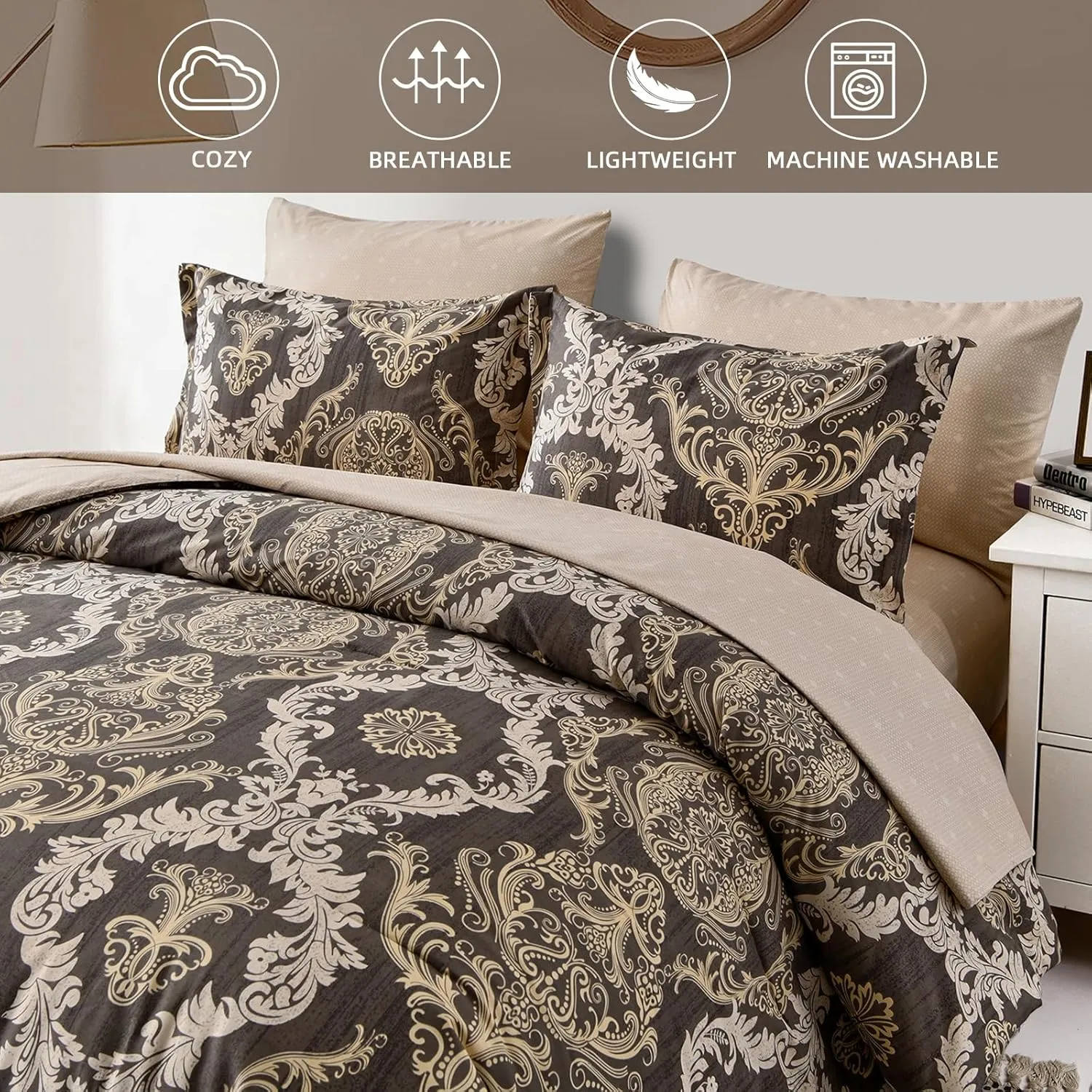 WONGS BEDDING Light Brown Comforter Set King, Damask Texture Design 7 Pieces Bed in a Bag Microfiber Comforter Bedding Set -1 Comforter, 1 Flat Sheet, 1 Fitted Sheet, 2 Pillow Shams,2 Pillowcases