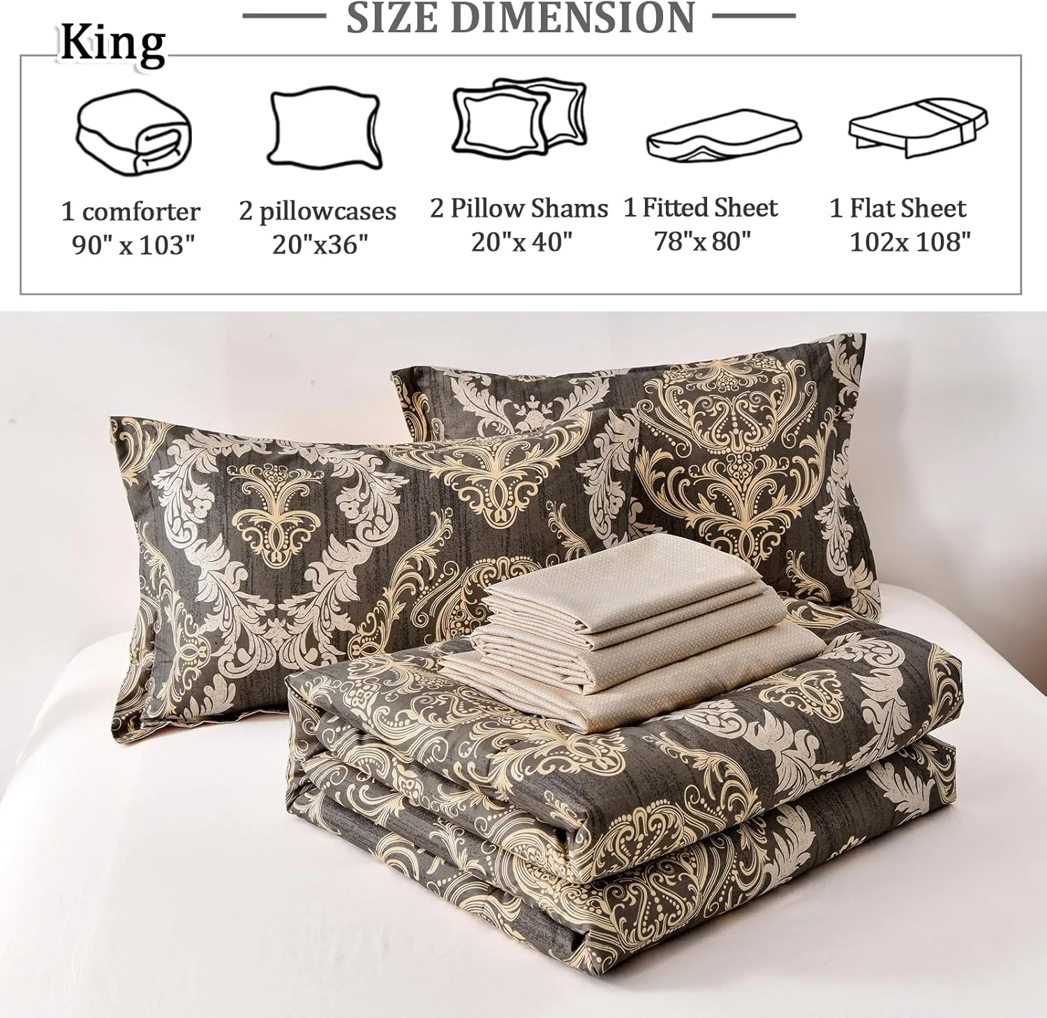 WONGS BEDDING Light Brown Comforter Set King, Damask Texture Design 7 Pieces Bed in a Bag Microfiber Comforter Bedding Set -1 Comforter, 1 Flat Sheet, 1 Fitted Sheet, 2 Pillow Shams,2 Pillowcases