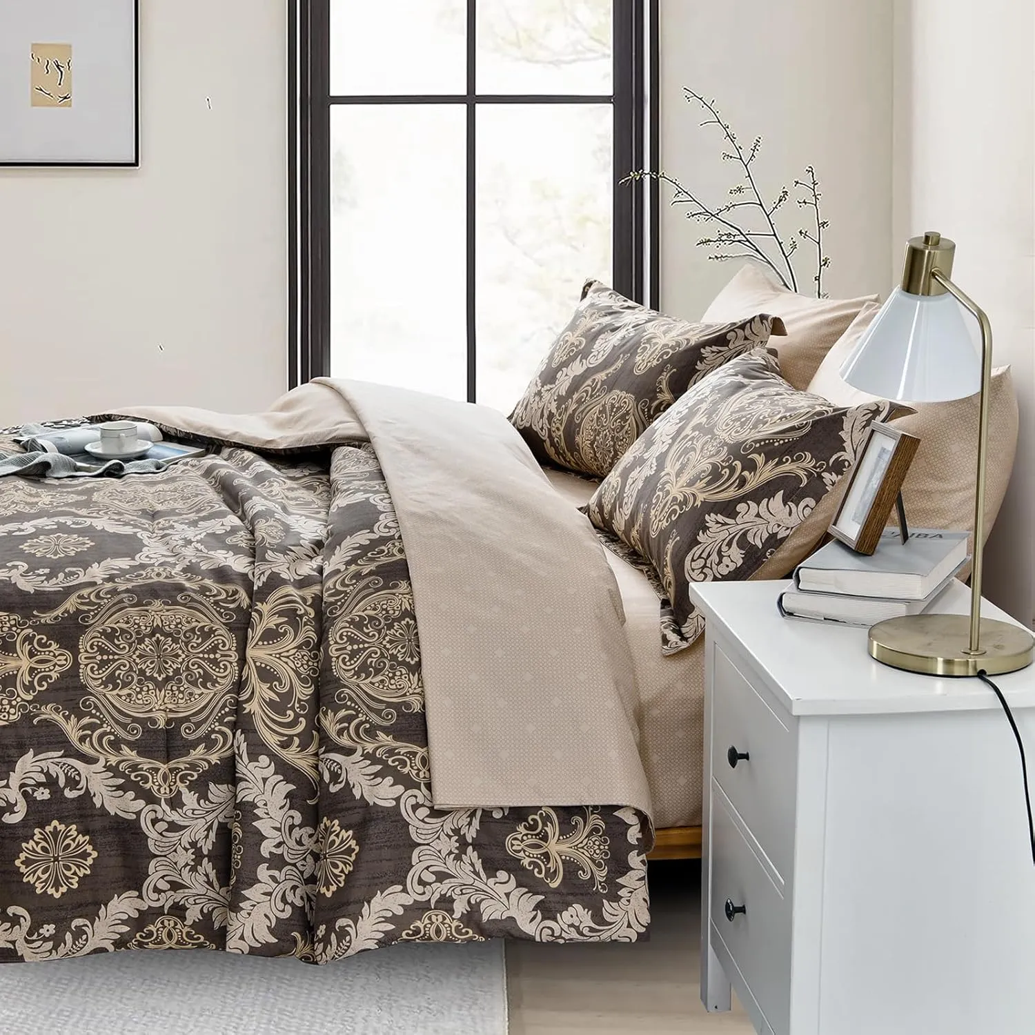 WONGS BEDDING Light Brown Comforter Set King, Damask Texture Design 7 Pieces Bed in a Bag Microfiber Comforter Bedding Set -1 Comforter, 1 Flat Sheet, 1 Fitted Sheet, 2 Pillow Shams,2 Pillowcases