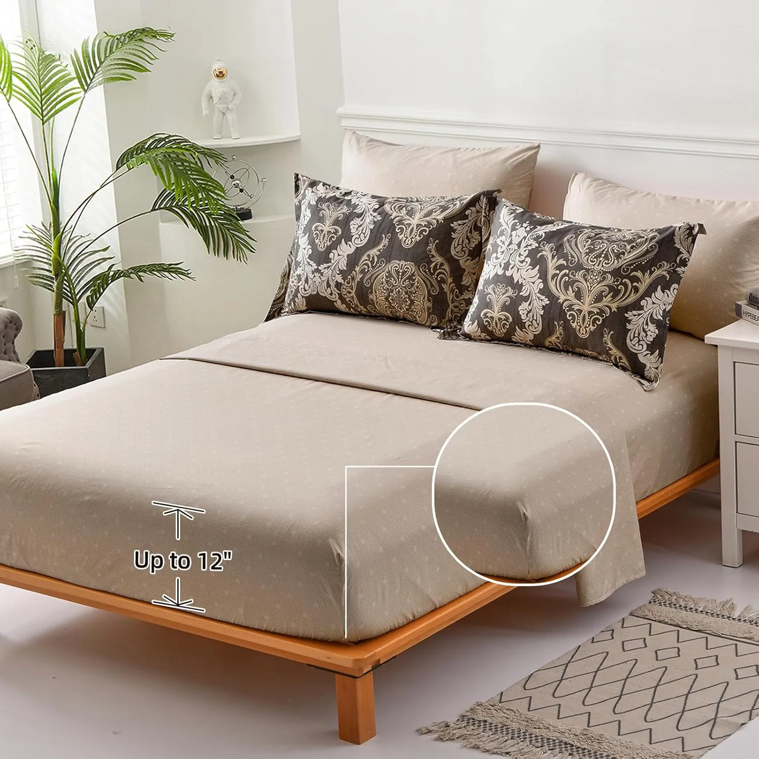 WONGS BEDDING Light Brown Comforter Set King, Damask Texture Design 7 Pieces Bed in a Bag Microfiber Comforter Bedding Set -1 Comforter, 1 Flat Sheet, 1 Fitted Sheet, 2 Pillow Shams,2 Pillowcases