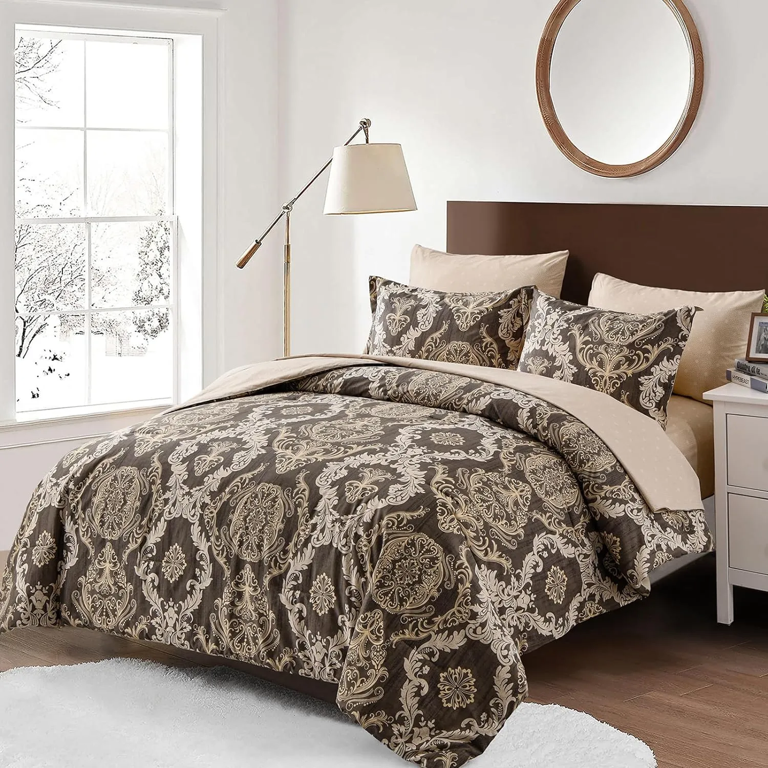 WONGS BEDDING Light Brown Comforter Set King, Damask Texture Design 7 Pieces Bed in a Bag Microfiber Comforter Bedding Set -1 Comforter, 1 Flat Sheet, 1 Fitted Sheet, 2 Pillow Shams,2 Pillowcases